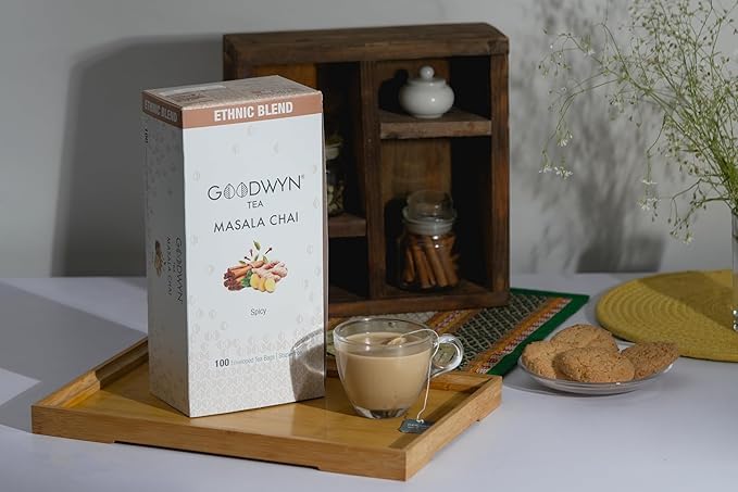 Goodwyn Masala Chai Tea – 100 Individually Wrapped Plastic-Free Tea Bags, Medium Caffeine Black Tea with Pure Indian Spices Cardamom Clove Cinnamon