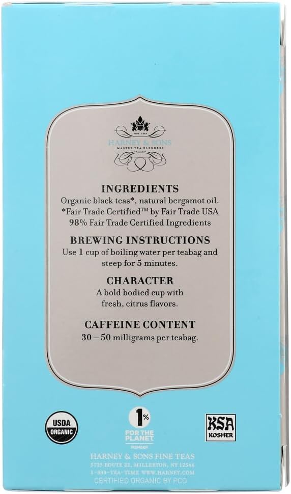 Harney & Sons Premium Tea, Organic Earl Grey Supreme Black Tea, Individually Wrapped Tea Bags, 20/box