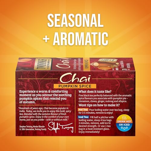 Twinings Pumpkin Spice Chai Black Tea Individually Wrapped Bags, 20 Count (Pack of 6), Warm, Spicy & Aromatic, Caffeinated, Enjoy Hot or Iced