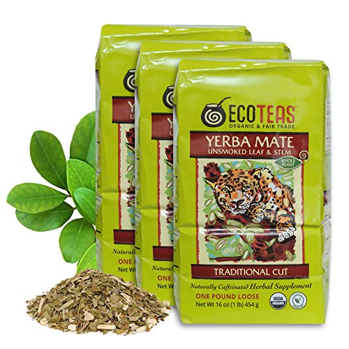 ECOTEAS Organic Yerba Mate Loose Leaf Tea – Unsmoked (Air Dried) Traditional Cut – 1 lb – From Argentina – Kosher, Non-GMO, Gluten-Free (Pack of 1)