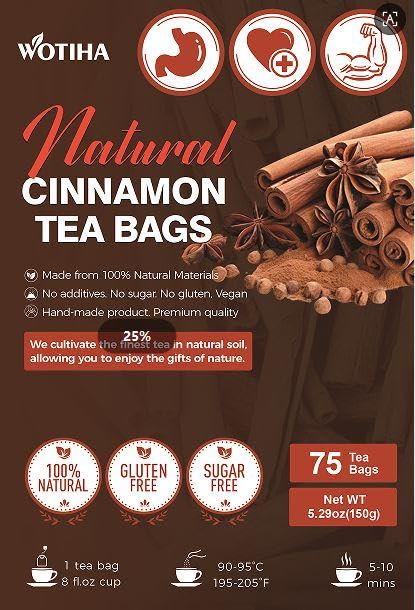 WOTIHA Premium Ceylon Cinnamon Tea Bags (75 Count) - 100% Pure Cinnamon Sticks for Blood Sugar Support &amp; Relaxation - Caffeine-Free, Sugar-Free, Vegan, No Additives