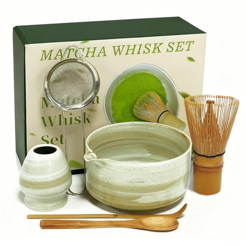 Matcha Whisk Set, Matcha Set, 6 Pieces, with Bamboo Whisk, Ceramic Bowl & Sifter Complete Matcha Powder Tea Includes Scoop & Spout Bowl