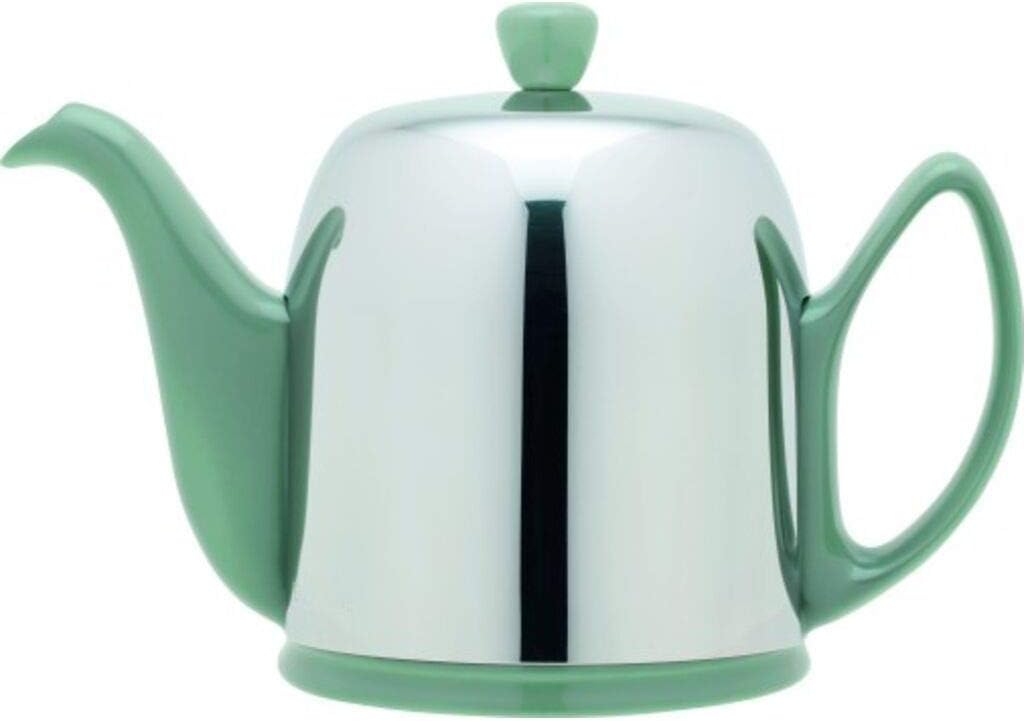 Degrenne Luxury French Tea Pot - Porcelain Teapot with Removeable Aluminum Infuser, Ceramic Tea Kettle for Loose Tea, Stainless Steel Cover, 6 Cup Capacity, 36oz - Green