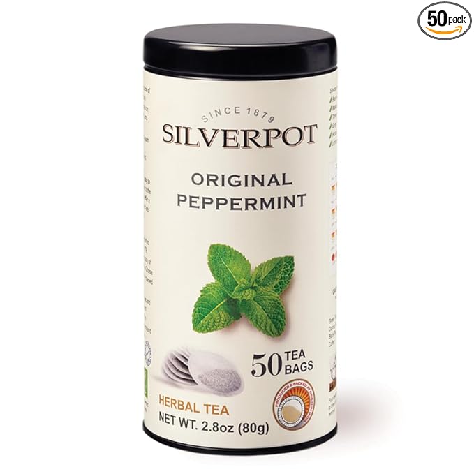 Silverpot Original Peppermint Tea Bags - 50 Round Bags, Natural, Refreshing Mint, Caffeine Free, Herbal, Reusable Tin