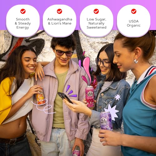 Yerba Mate Energy Drink - Low Sugar Sparkling Tea Cans Variety Pack with Ashwagandha, Lion’s Mane, USDA Organic Clean Energy Drink with 150mg Natural Caffeine, Ola Maté