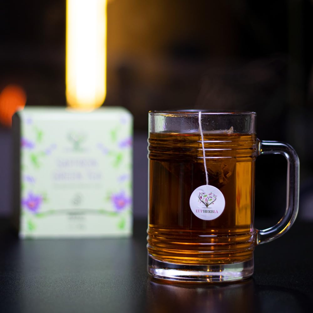 Eupherbia Saffron Green Tea, Handpicked, Highland Grown Whole Leaf Tea, Enriched with Premium Saffron Threads, Herbaceous, Grassy, Bittersweet, Individually Wrapped Tea Sachets (2 Pack)