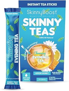 Skinny Teas Cleansing Evening Tea Sticks – Lemon Honey Detox Tea, Digestive Cleanse + Bloat Relief Support, Prebiotic Fiber, Caffeine-Free, 10 Calories, 14 Count