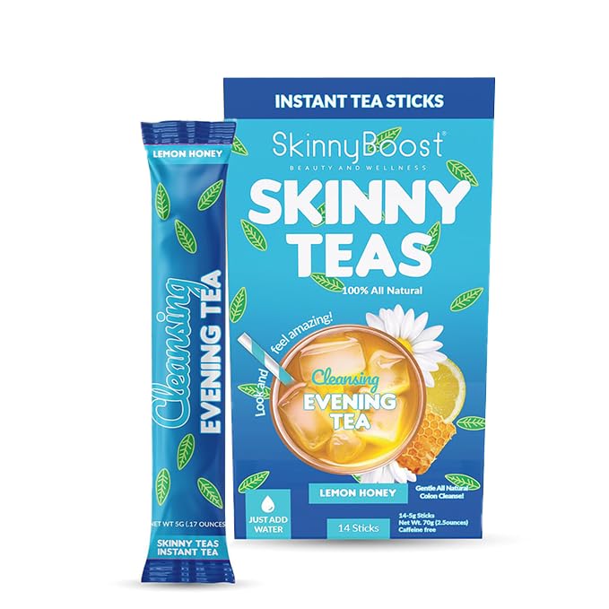Skinny Teas Cleansing Evening Tea Sticks – Lemon Honey Detox Tea | Digestive Cleanse + Bloat Relief Support, Prebiotic Fiber, Caffeine-Free, 10 Calories, 14 Count