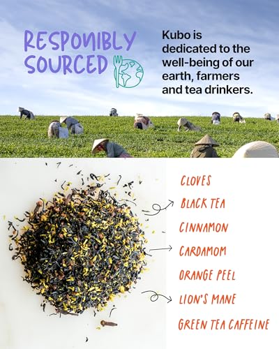 Kubo Lion’s Mane Chai Tea Bags | Organic High Caffeine (155mg) Black Tea + Lion’s Mane Mushroom | 20 Pyramid Count | Caffeinated Tea for Calm Focus & Mind Support | Healthy Coffee Alternative, Calorie Free