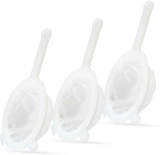 3-Piece Mesh Strainer Set with Handles & Hanging Loops, 100/200/300 Mesh, Nylon & Plastic Sieve for Tea, Coffee, Nut Milk, Juice, Broth, Smoothies