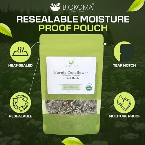 Biokoma Organic Purple Coneflower Dried Herb 50g (1.76oz) in Resealable Moisture Proof Pouch, USDA Certified Organic - Herbal Tea, No Additives, No Preservatives, No GMO, Kosher
