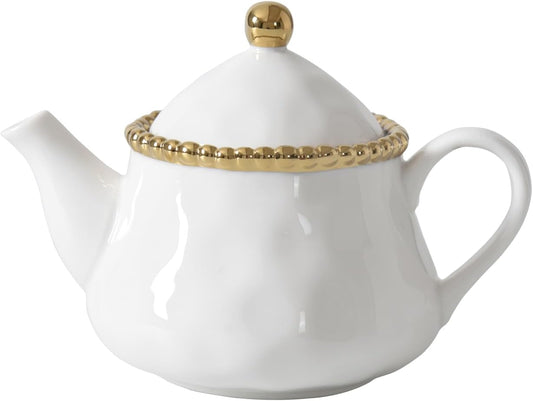 Pampa Bay Salerno Tea Pot with Cover, 16 oz, 6.75 x 4.75 x 5.75 Inches, White with Silver Beading