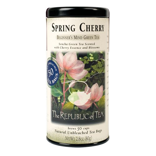 The Republic of Tea Spring Cherry Green Tea, Low Caffeine, 50 Count | A gentle cup for everyday sipping. Fresh with light vegetal notes. Gluten Free and Carb Free.