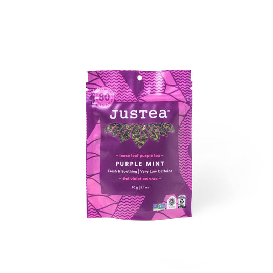 JusTea PURPLE MINT Loose Leaf Purple Tea, 40+ Cups Pouch, 1/5 Caffeine | Fair-Trade PURPLE MINT Loose Leaf Purple Tea. 60g/2.1oz Resealable Pouch. Steeps 40+ cups. 1/5 Caffeine. Organic.