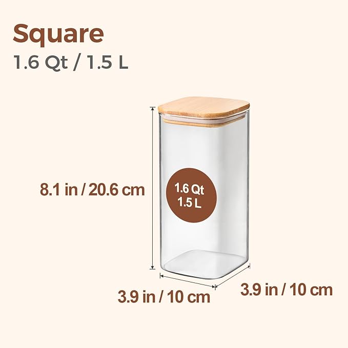 ComSaf Airtight Glass Storage Canister with Wood Lid (1.6 Qt), Clear Food Storage Container Jar with Sealing Lids for Oat Pasta Flour Cereal Rice