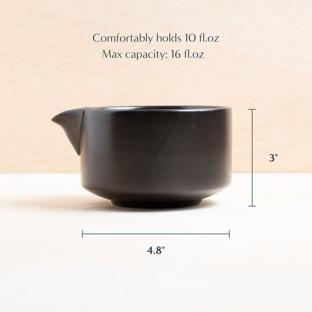Naoki Matcha Traditional Ceramic Chawan Matcha Tea Bowl with Pour Spout Set | Hand Made, Black Matte Glaze, 18 Ounce, For Perfectly Whisked Matcha Green Tea