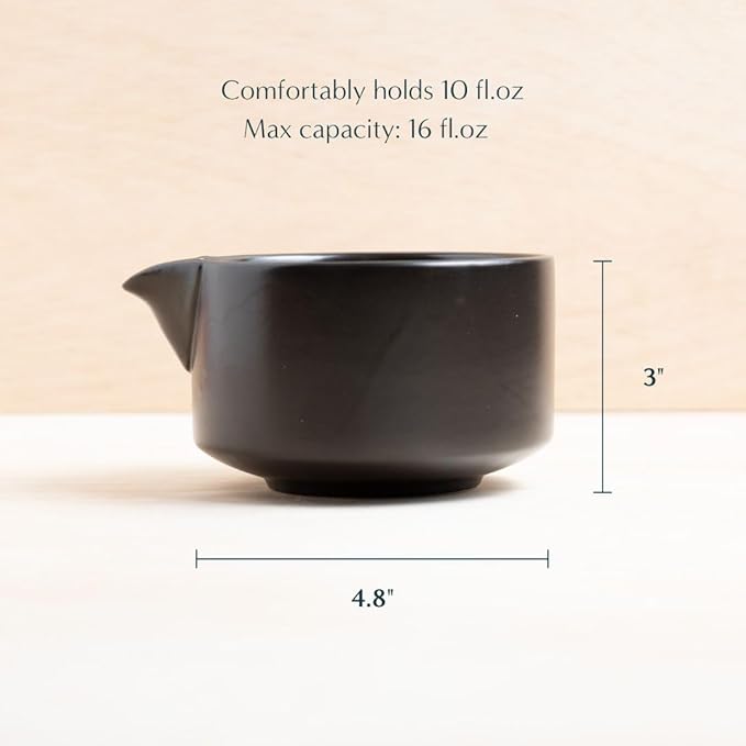 Naoki Matcha Traditional Ceramic Chawan Matcha Tea Bowl with Pour Spout Set - Hand Made Ceramic with Black Matte Glaze