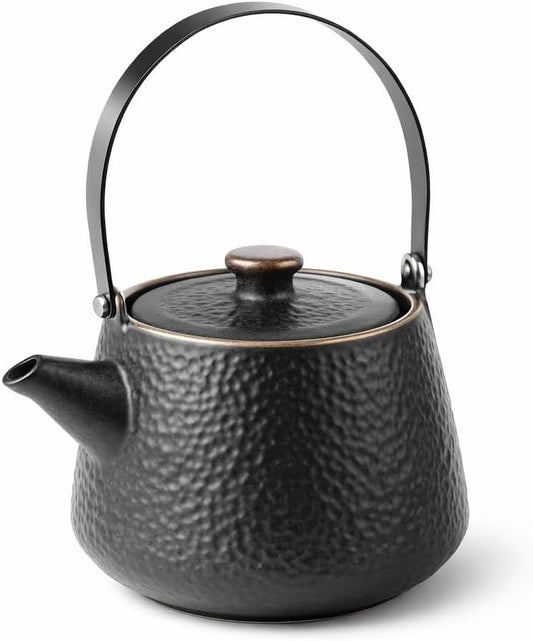 Heika Stoneware Teapot, 24 oz, Black Matte Textured with Lid, Round Design, Banded Rim, Freezer and Dishwasher Safe, 5.9 x 4 Inches