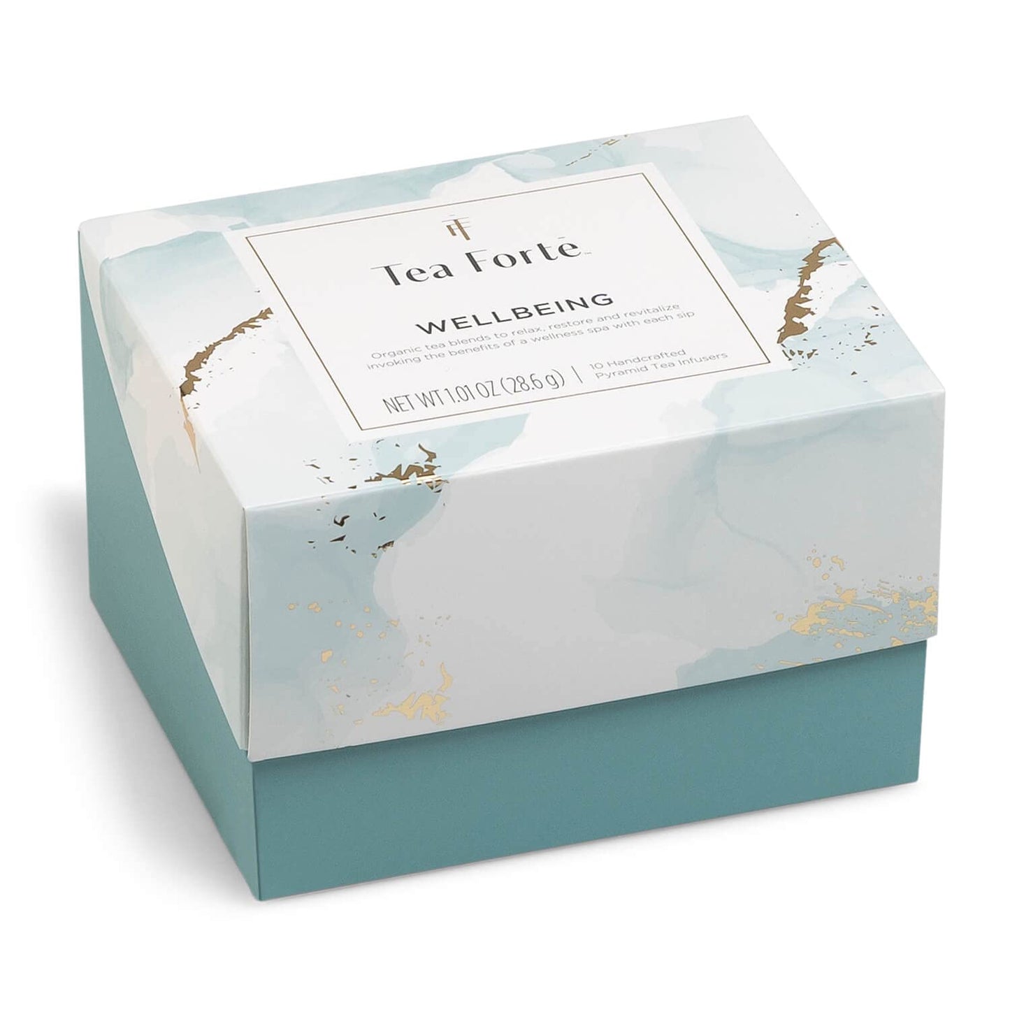 Tea Forte Café Cup Tea Gift Set, Wellbeing, 10 Pyramid Infusers | 8 oz Porcelain Tea Cup, Lid &amp; Tea Tray - 2 of Each Blend - Individually Wrapped - Giftable Presentation Box
