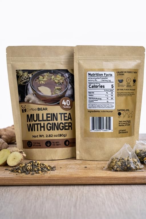 Mullein Tea with Ginger – 40 Tea Bags (2.82 oz) – Herbal Tea Blend for Lung & Respiratory Support – Caffeine-Free Natural Detox & Soothing Tea – Smooth Earthy Flavor