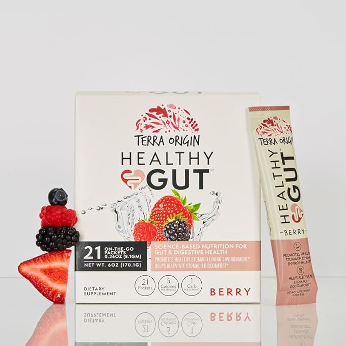 TERRA ORIGIN Healthy Gut Stick Packs, L-Glutamine, Slippery Elm, Aloe Vera, Licorice Root Extract, Gut Health, Digestive Support, Leaky Gut Repair, Immune Function, On-The-Go, 21 Ct, Berry