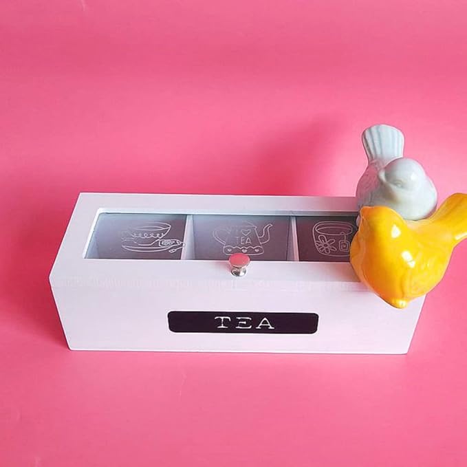 Small Wooden Tea Bag Box 3 Compartments Wooden Tea Box Organizer Storage Chest Jewelry Box Organizer Mini Countertop Cabinet Tea Box for Tea Bags Organizer
