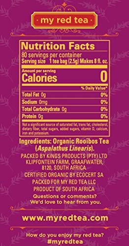 My Red Tea, USDA Organic Rooibos Tea, 80 Tagless Teabags, Single-Origin, Farmer-Friendly, Caffeine-Free, Sustainably Farmed in South Africa