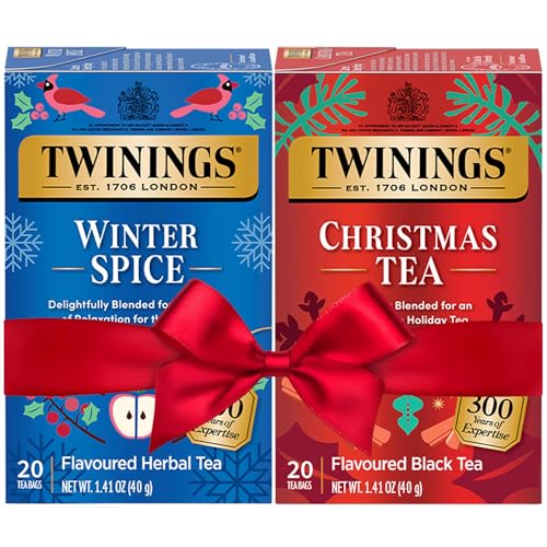 Twinings Holiday Sweet & Spicy Tea Variety 2-Pack – Caffeinated Tea and Caffeine-Free Winter Spice Herbal, Christmas Gift, 20 Tea Bags Ea