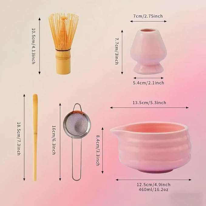 Cute Pink Matcha Whisk Set of 5 for Matcha Tea,Matcha Powder Kit（Bowl with Spout+bamboo Whisk and Holder+Strainer+Scoop）for Macha Starter Making