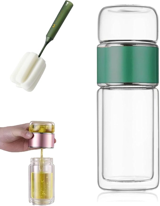 Glass Infuser, 3-in-1 smart Tea Infuser Double Wall Glass Teacup with infuser for Loose Tea, Portable Teas Steeper (Green, 12oz)