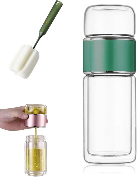 Glass Infuser, 3-in-1 smart Tea Infuser Double Wall Glass Teacup with infuser for Loose Tea, Portable Teas Steeper (Green, 12oz)