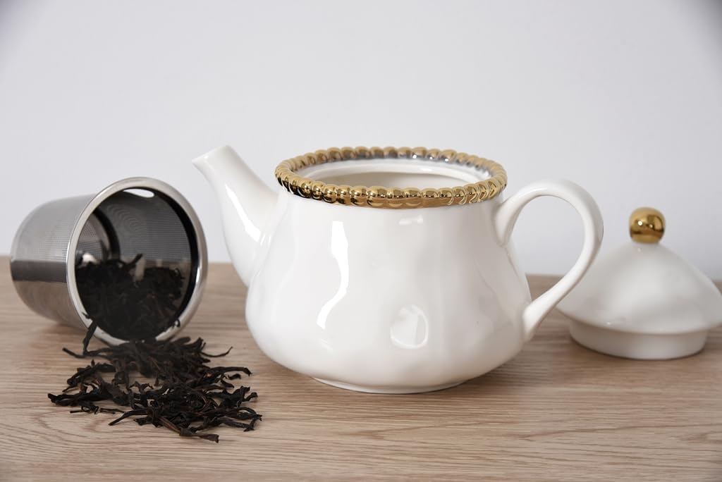 Pampa Bay Salerno Tea Pot with Cover, 16 oz, 6.75 x 4.75 x 5.75 Inches, White with Silver Beading