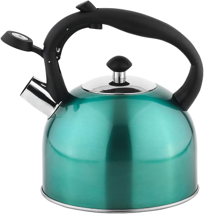 Basics Stainless Steel Tea Kettle, Hot Water Kettle with Whistle Spout, Fast Boiling, Ergonomic Handle, 2.4-Quart, Teal