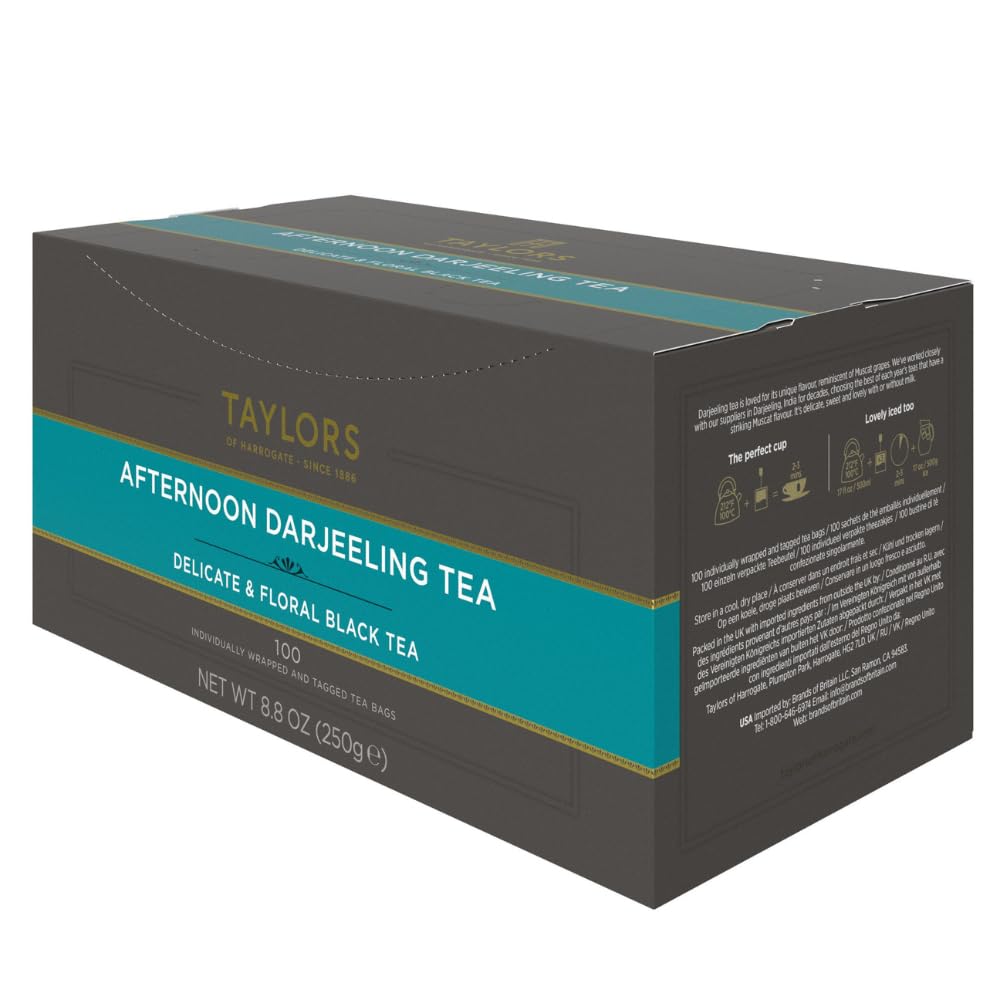 Taylors of Harrogate Afternoon Darjeeling, Black Tea, Individually Wrapped Bags 100 Count (Pack of 1), Delicate, Sweet & Floral, Caffeinated, Enjoy Hot or Iced, 100 Teabags
