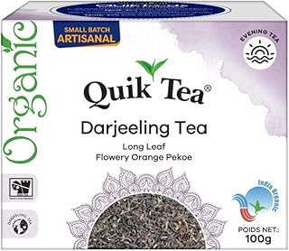 QuikTea Organic Darjeeling Long Leaf Tea | Single Box 3.52 oz (100 Grams) | All-Natural, certified Organic, Fragrant Long Leaf tea from Darjeeling, Kosher, orthodox tea