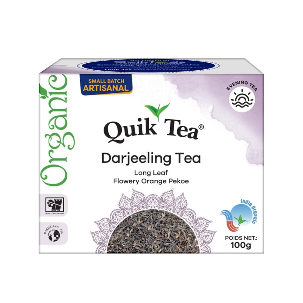 QuikTea Organic Darjeeling Long Leaf Tea | Single Box 3.52 oz (100 Grams) | All-Natural, certified Organic, Fragrant Long Leaf tea from Darjeeling, Kosher, orthodox tea
