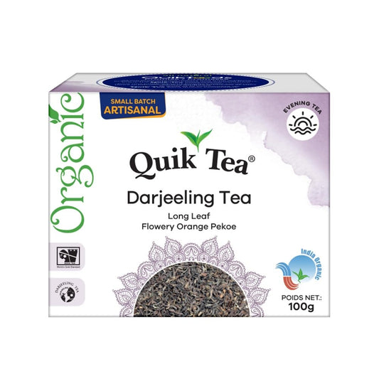 QuikTea Organic Darjeeling Long Leaf Tea | Single Box 3.52 oz (100 Grams) | All-Natural, certified Organic, Fragrant Long Leaf tea from Darjeeling, Kosher, orthodox tea