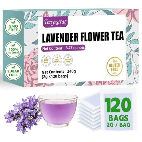 Lavender Flowers Tea Bags-120 Teabags, 2g/Bag, Made with 100% Natural Lavender Flowers. Helps with Relieve Fatigue and Antioxidation|Caffeine-Free|Sugar-Free|Gluten-Free|Vegan Eco-Friendly Tea Bags