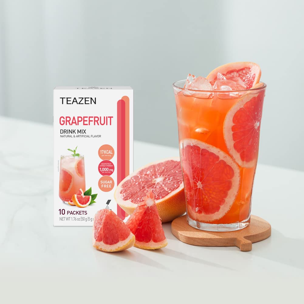 TEAZEN Grapefruit Tea Powder, Sugar Free, Hibiscus and Green Tea, Powdered Mix Beverage from Korea, On-the-Go 10 Packets