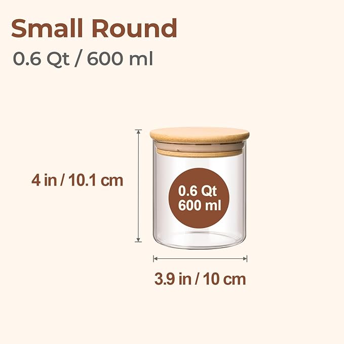 ComSaf Airtight Glass Food Storage Jars Set of 6, 0.6 Qt Clear Glass Food Storage Container with Sealing Wooden Lid, Stackable Spice Jar