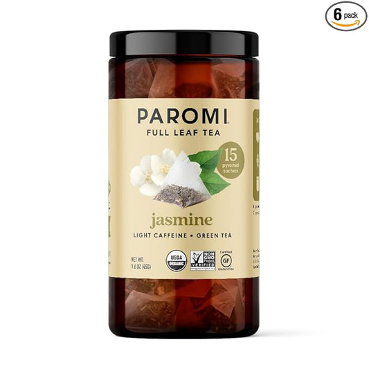 Paromi Jasmine Organic Green Tea, Signature Jar, 15 Count (Pack of 6)