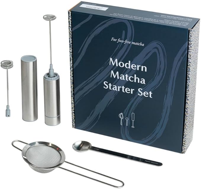 Naoki Matcha Modern Matcha Starter Set - Electric Matcha Whisk and Milk Frother with Single and Double Frother Head, Stainless Steel Spoon