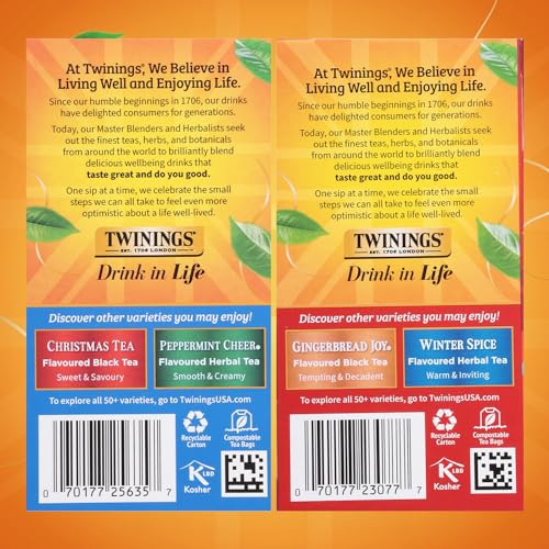 Twinings Holiday Sweet & Spicy Tea Variety 2-Pack – Caffeinated Tea and Caffeine-Free Winter Spice Herbal, Christmas Gift, 20 Tea Bags Ea