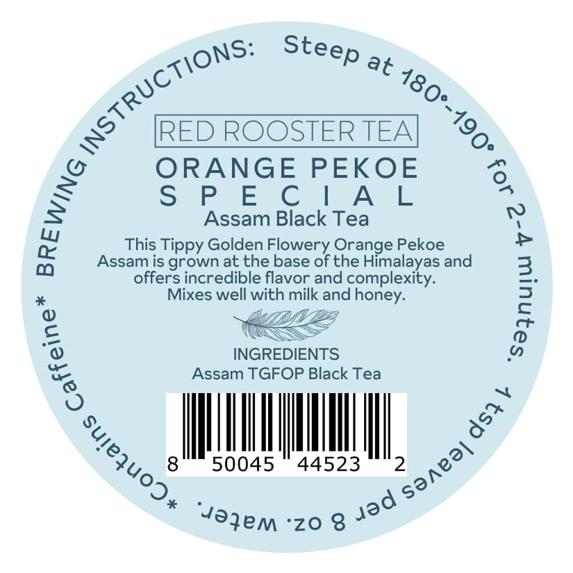 Red Rooster Tea Orange Pekoe Special Assam – Single Estate Black Tea – 4oz Loose Leaf Canister – Malty, Nutty, Fragrant Musk – Makes ~28 Cups