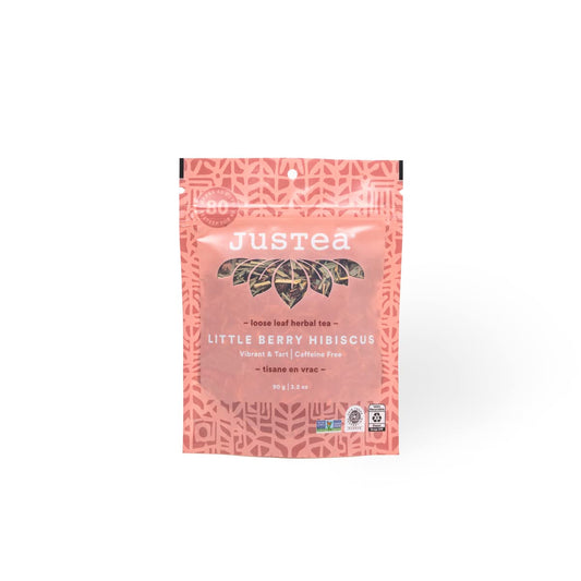 JusTea LITTLE BERRY HIBISCUS Loose Herbal Tea, 40+ Cup Pouch, Caffeine-Free | Fair-Trade LITTLE BERRY HIBISCUS Loose Leaf Herbal Tea. 90g/3.2oz Resealable Pouch. Steeps 40+ cups. Caffeine-Free. Organic.