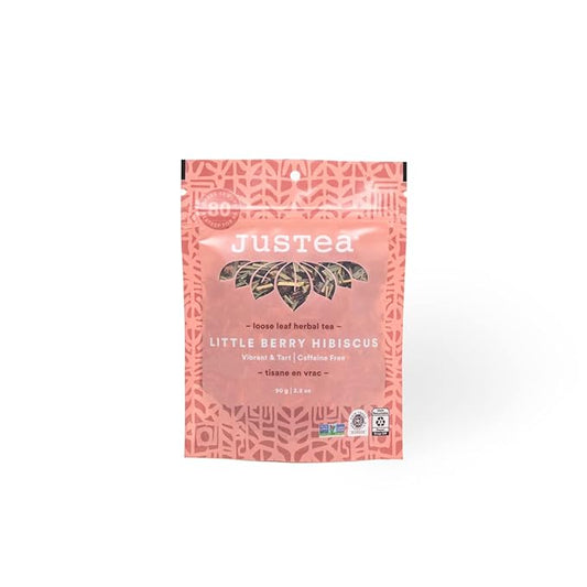 JusTea Little Berry Hibiscus, Loose Leaf Herbal Tea, Recyclable Refill Pouch, 40+ Cups (3.2oz), Caffeine Free, Award-Winning, Fair Trade, Non-GMO