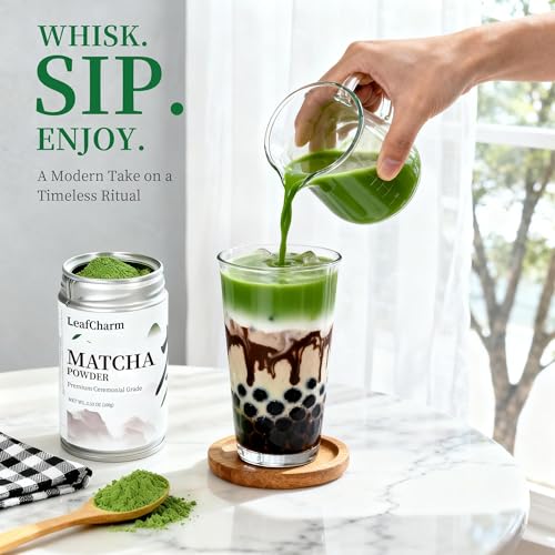 LeafCharm Ceremonial Grade Matcha Green Tea Powder 3.52 OZ - Vibrant Green & Zero Bitterness, Smooth Umami Taste for Lattes & Smoothies,100g (3.52 oz) Premium Tin