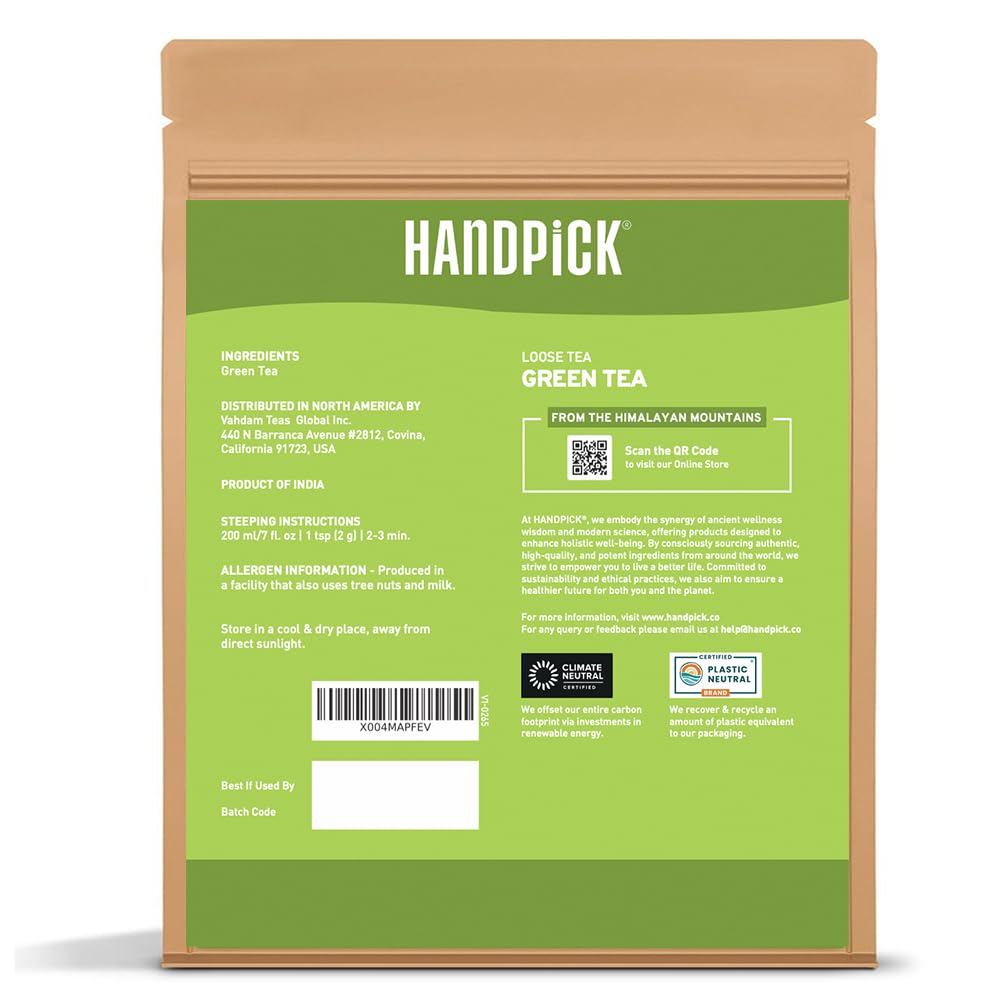 HANDPICK, Green Tea Loose Leaf (255g/9oz) 127 Cups | Non-GMO, 100% Pure Green Tea Leaves Sourced from Himalayas, India | Resealable Ziplock Pouch