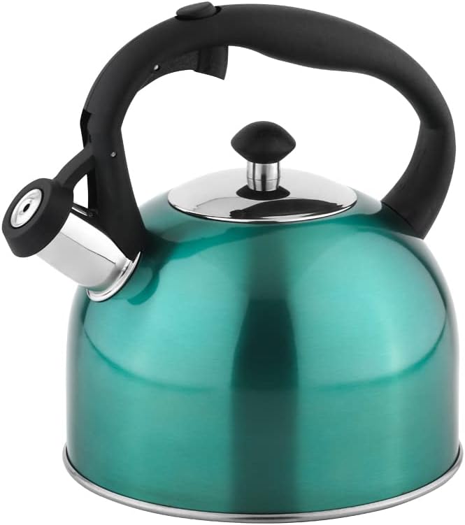 Basics Stainless Steel Tea Kettle, Hot Water Kettle with Whistle Spout, Fast Boiling, Ergonomic Handle, 2.4-Quart, Teal