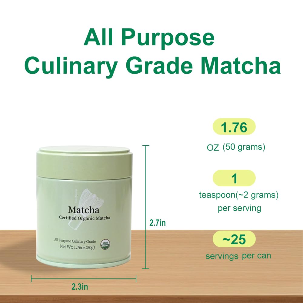 MatchAdmire Matcha Premium First Harvest USDA Certified Organic Green Tea Matcha Powder, Rich Flavor, 100% Vegan with No Fillers, Radiation-Free (50g Culinary Grade Matcha)